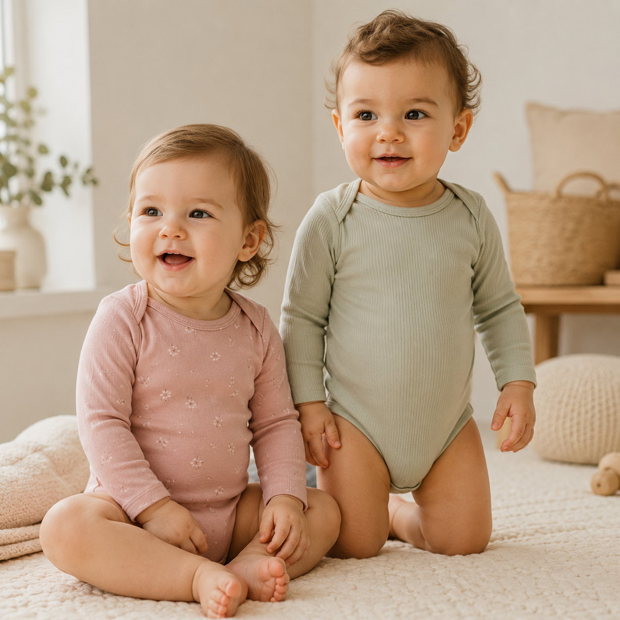 Mehrere Langarmbodys für Babys in verschiedenen Farben und Mustern
