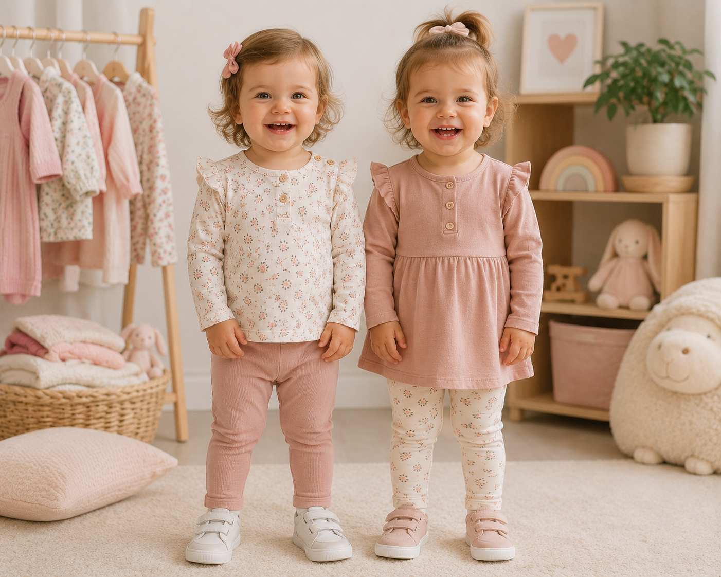 Zwei lachende Mädchen in Kinderkleidung der Größe 86 stehen mittig in einem hellen Kinderzimmer.