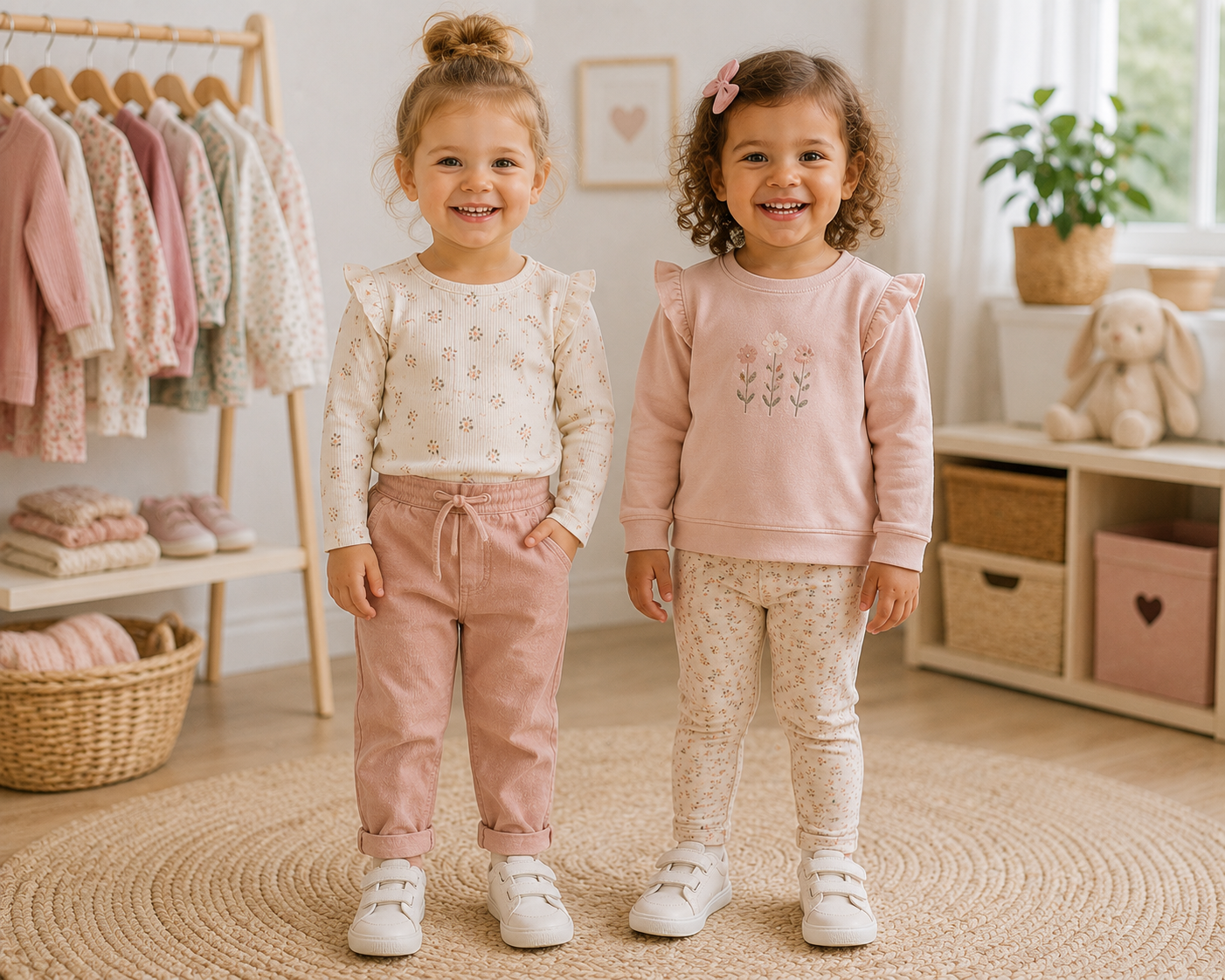 Zwei lachende Mädchen in Kleidung der Größe 92 stehen mittig in einem hellen Kinderzimmer und tragen rosafarbene und geblümte Outfits.