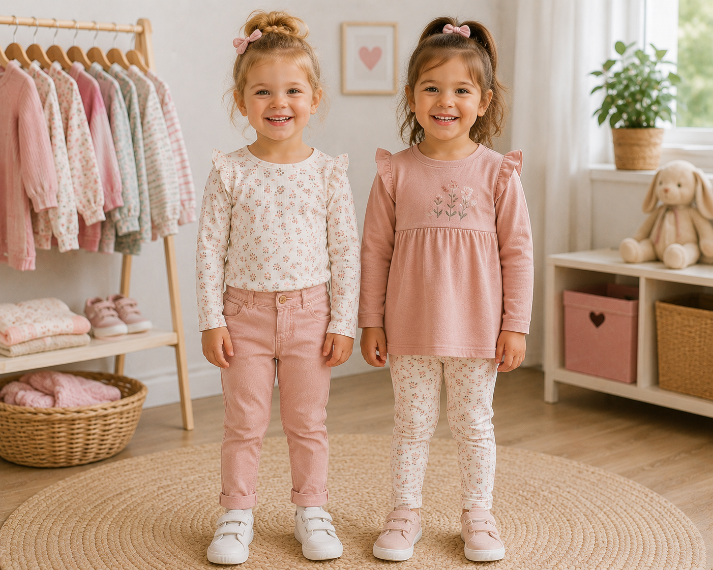 Zwei lachende Mädchen in Kinderkleidung der Größe 98 stehen mittig in einem hellen Kinderzimmer und tragen rosafarbene, geblümte Outfits.