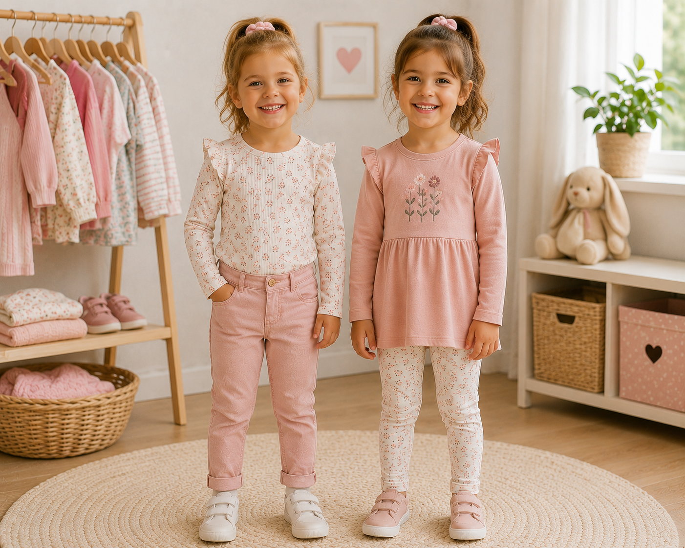 Zwei lachende Mädchen in Kinderkleidung der Größe 104 stehen mittig in einem hellen Kinderzimmer und tragen rosafarbene, geblümte Outfits.