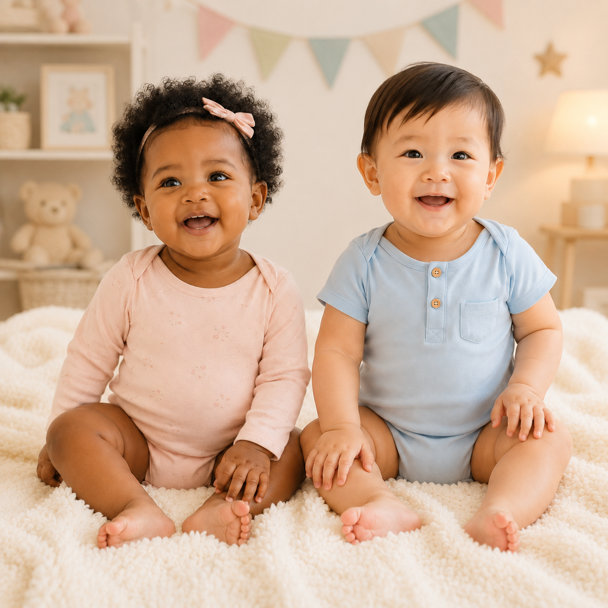 Zwei fröhliche Babys in rosa und blauem Body sitzen in einem gemütlichen Kinderzimmer mit pastellfarbener Wimpelkette.