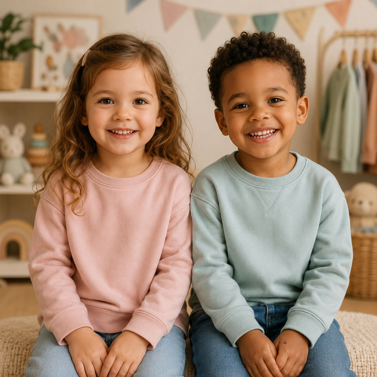 Zwei lächelnde Kinder in rosa und hellblauem Oberteil sitzen in einem gemütlichen Kinderzimmer.