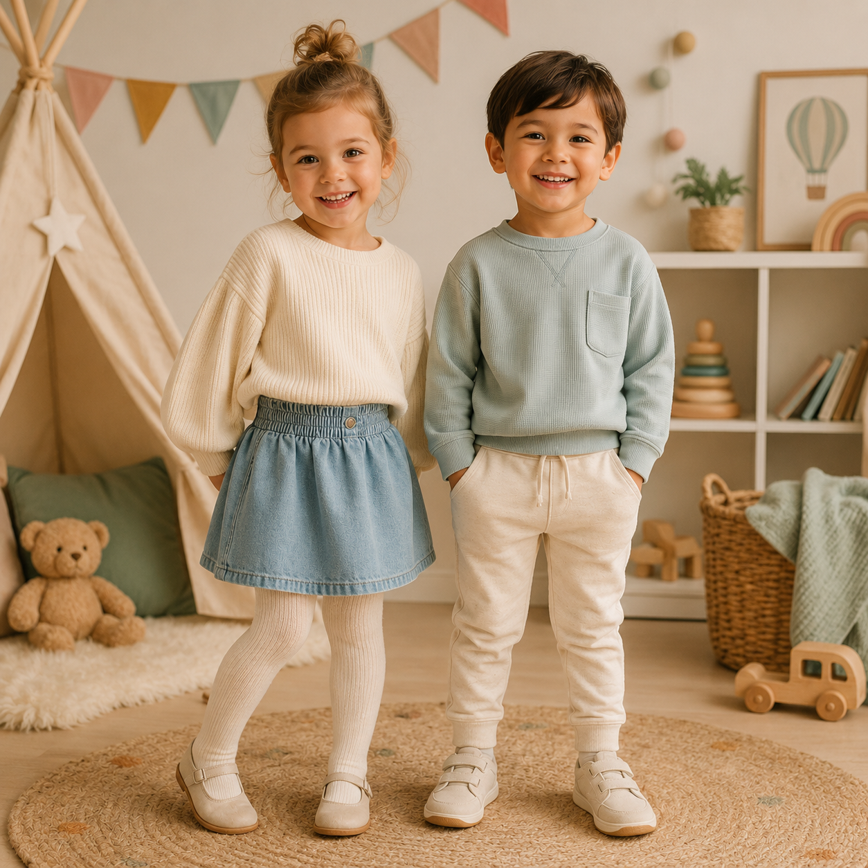Zwei lächelnde Kinder in Rock mit Strumpfhose und heller Jogginghose stehen in einem gemütlichen Kinderzimmer.
