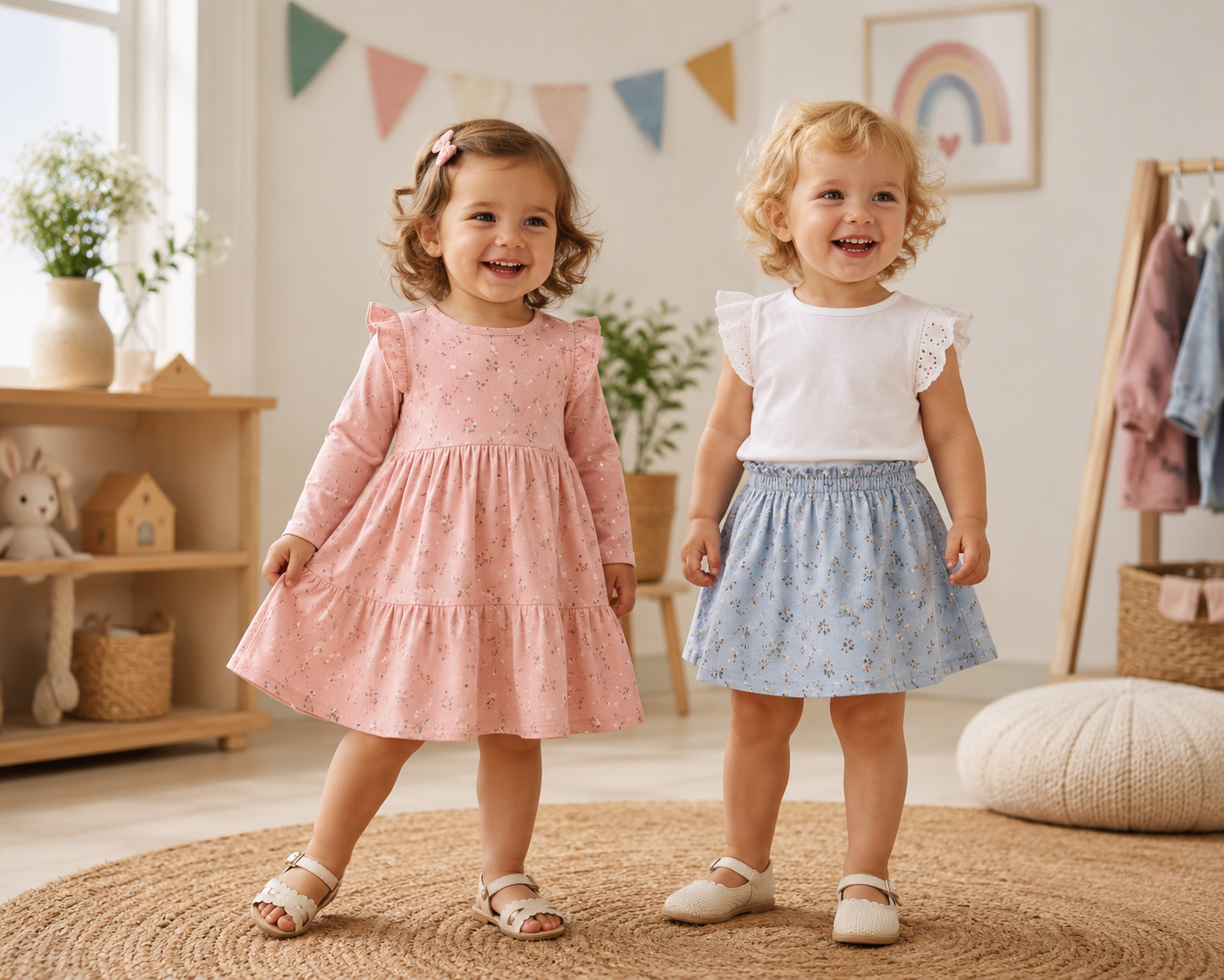 Zwei lächelnde Kleinkinder in einem rosa Kleid und einem hellblauen Rock stehen in einem freundlichen Kinderzimmer.
