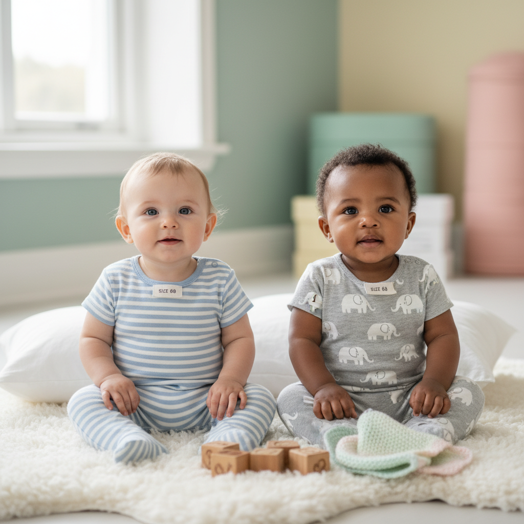 Zwei Babys (ca. 3–6 Monate) in Jungenkleidung Größe 68 – blau gestreifter Strampler und grauer Elefanten-Romper