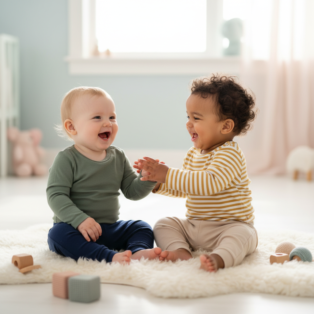 Zwei Babys (ca. 9–12 Monate) in Jungenkleidung Größe 74 – grünes Langarmshirt mit Hose und gelb-weißes Streifenoberteil
