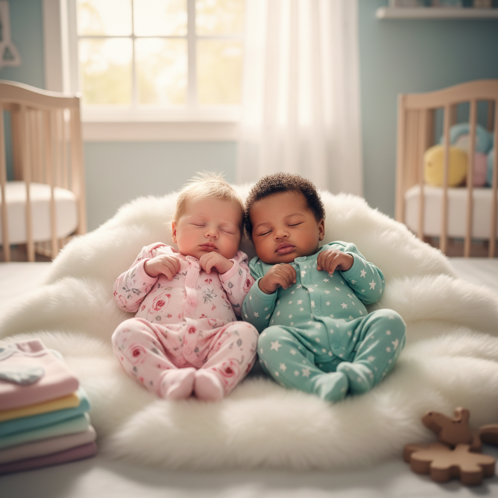 Zwei Neugeborene in zarter Babykleidung Größe 50-56 – rosa Strampler und mintgrüner Einteiler auf einer weichen Decke