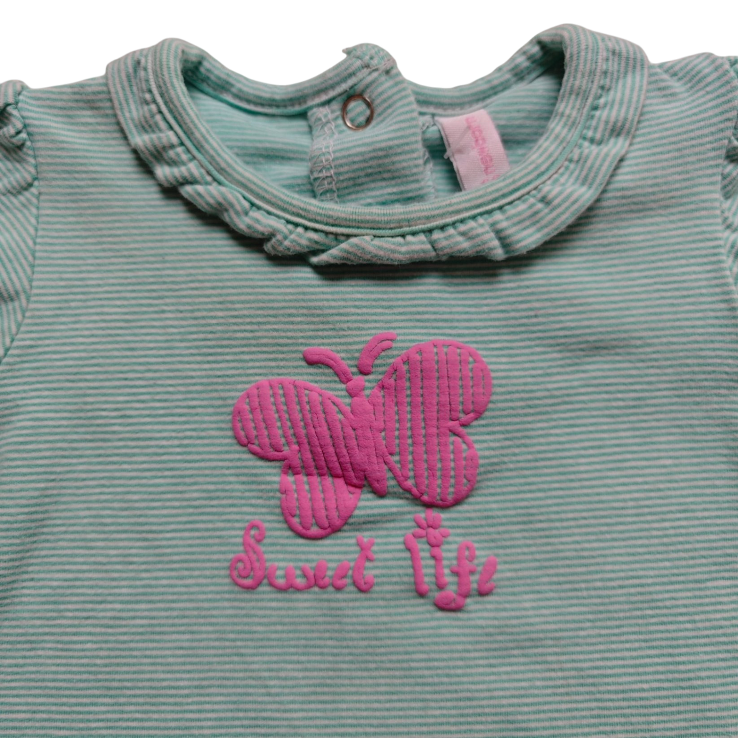 Newborn Kurzarmshirt Türkisblau mit rosa Akzenten Größe 62
