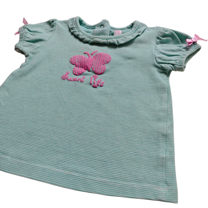 Newborn Kurzarmshirt Türkisblau mit rosa Akzenten Größe 62