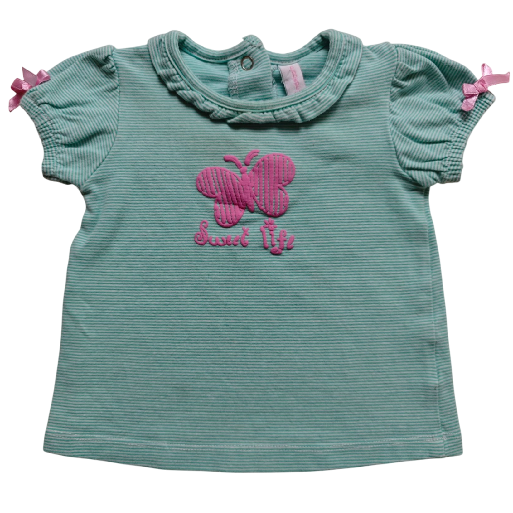 Newborn Kurzarmshirt Türkisblau mit rosa Akzenten Größe 62