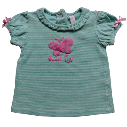 Newborn Kurzarmshirt Türkisblau mit rosa Akzenten Größe 62