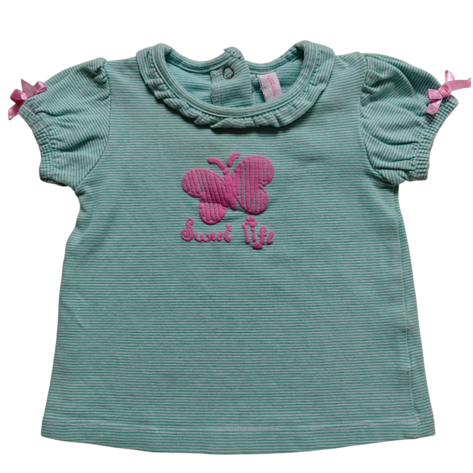 Newborn Kurzarmshirt Türkisblau mit rosa Akzenten Größe 62