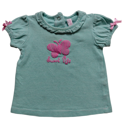 Newborn Kurzarmshirt Türkisblau mit rosa Akzenten Größe 62
