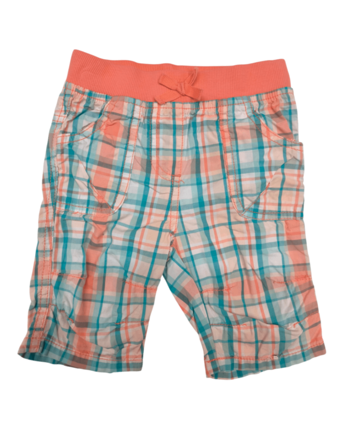 Topomini Shorts Koralle mit Türkis, Weiß und Grau im Karomuster Größe 86