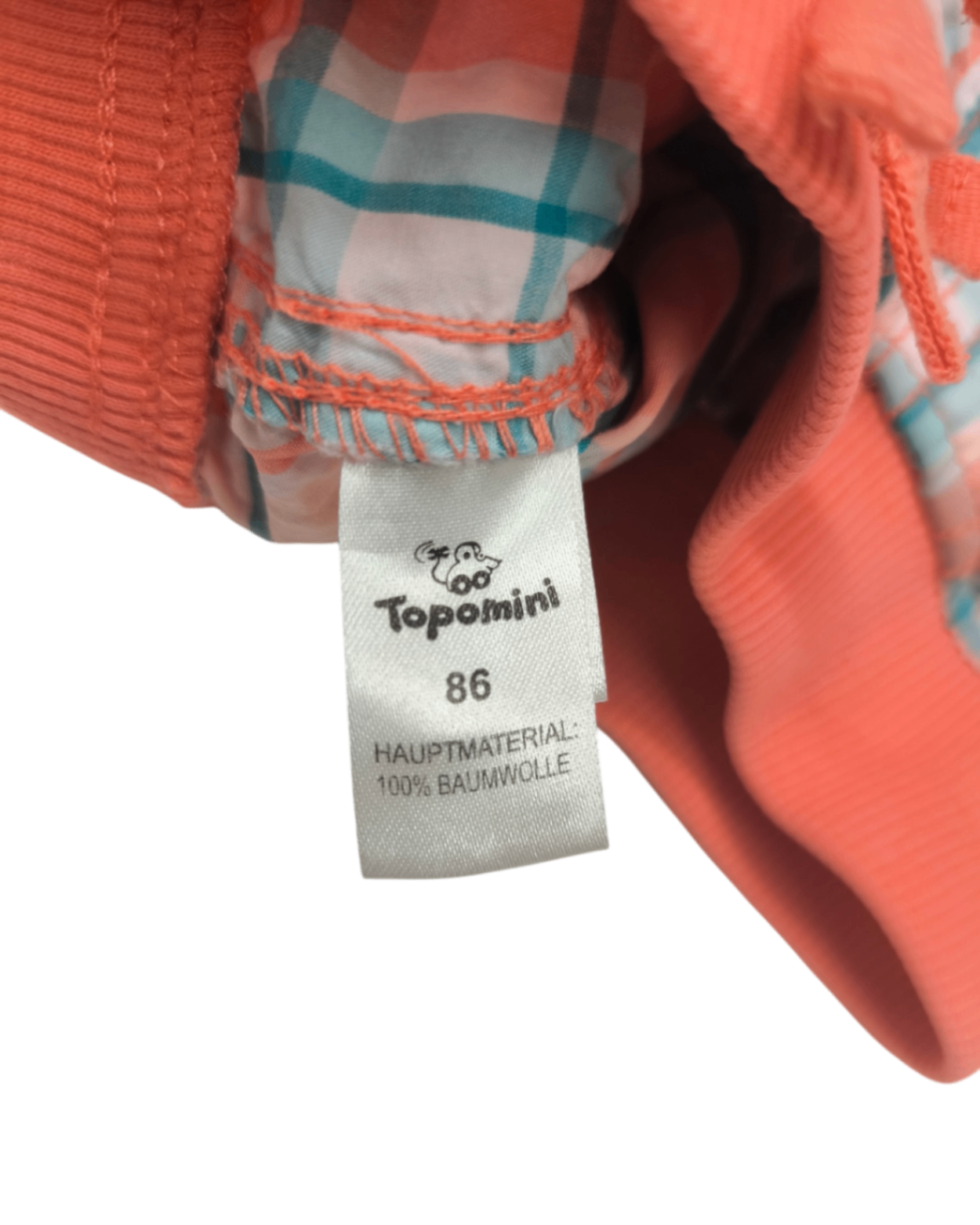 Topomini Shorts Koralle mit Türkis, Weiß und Grau im Karomuster Größe 86