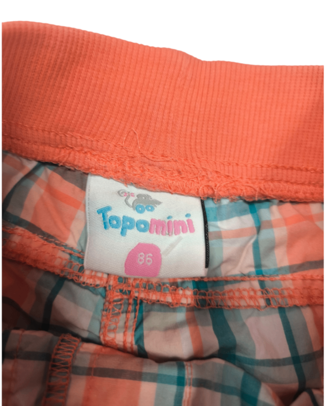 Topomini Shorts Koralle mit Türkis, Weiß und Grau im Karomuster Größe 86