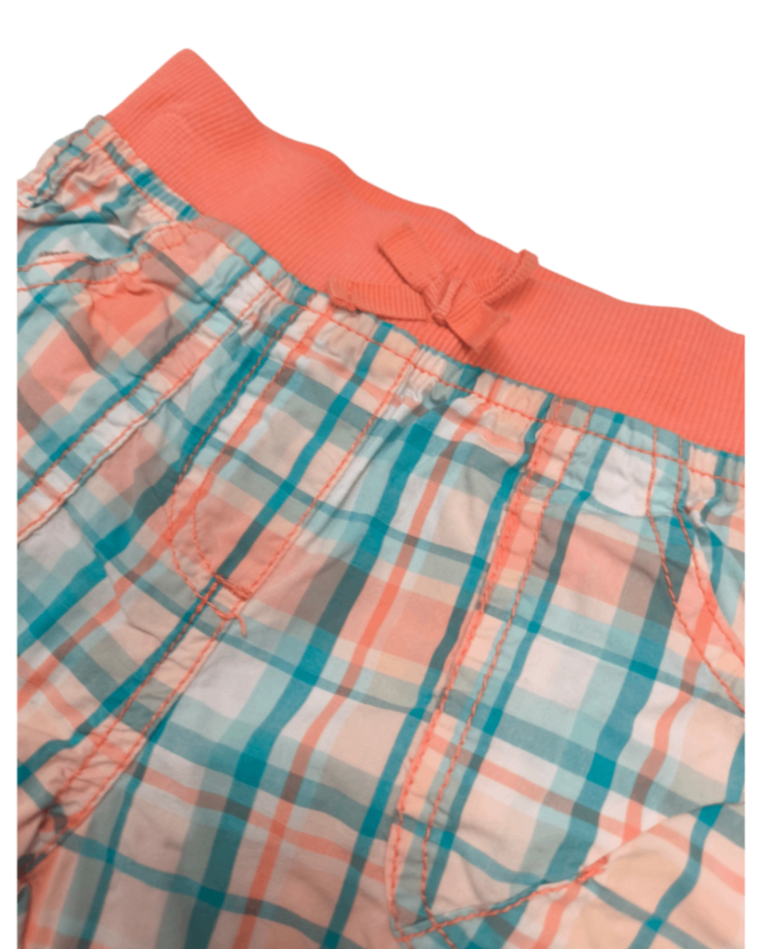 Topomini Shorts Koralle mit Türkis, Weiß und Grau im Karomuster Größe 86